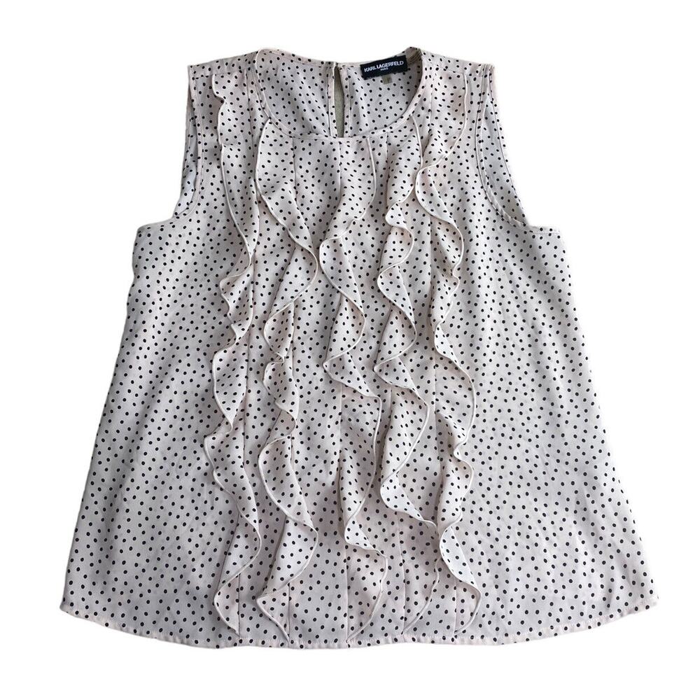 Karl Lagerfeld Sleeveless Blouse Sz Large Ruffled Pink Black Polka Dot Top - Picture 5 of 7